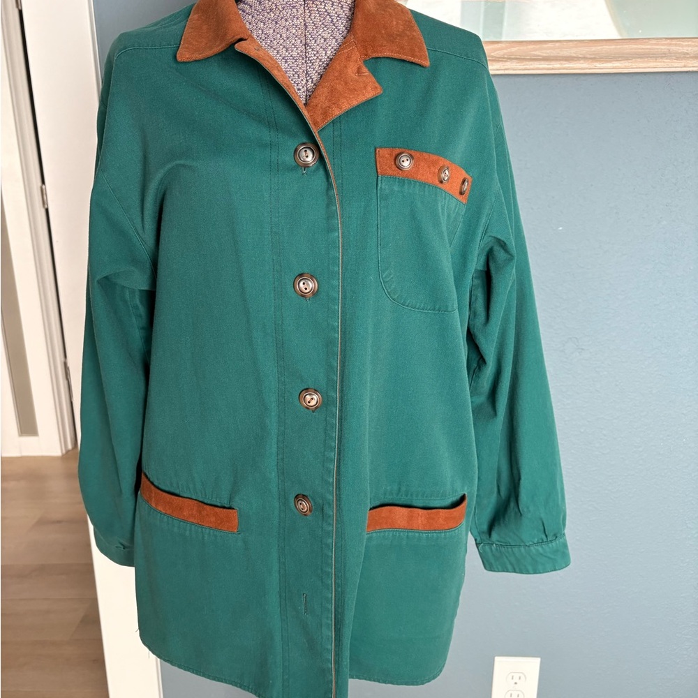 Vintage Women’s Green Jacket with Brown Trim